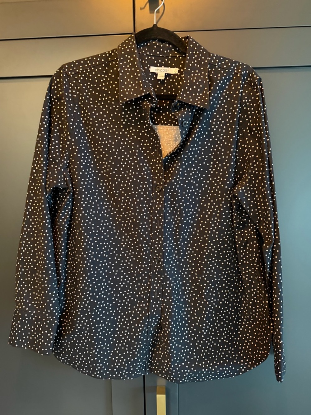 Chico's Black Button-Up Shirt with White Polka Dots
